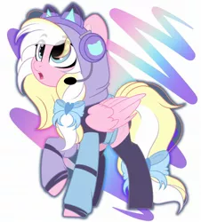 Size: 1853x2048 | Tagged: safe, artist:emberslament, derpibooru import, oc, oc:bay breeze, unofficial characters only, pegasus, pony, bow, clothes, hair bow, headset, image, jpeg, open mouth, socks, solo, tail, tail bow, thigh highs