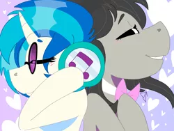 Size: 1995x1500 | Tagged: safe, artist:dsstoner, derpibooru import, octavia melody, vinyl scratch, earth pony, pony, unicorn, bowtie, bust, clothes, duo, duo female, eyes closed, female, grin, headphones, image, implied lesbian, implied shipping, lesbian, mare, png, portrait, scratchtavia, shipping, smiling