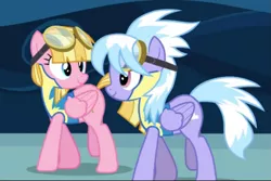Size: 1019x679 | Tagged: safe, derpibooru import, cloudchaser, meadow flower, wonderbolts academy, clothes, cloudflower, female, gay stare, image, i ship it, lesbian, looking at each other, looking at someone, meadowcloud, meadowkicker, png, rarepair, shipping, uniform, walking, wonderbolt trainee uniform