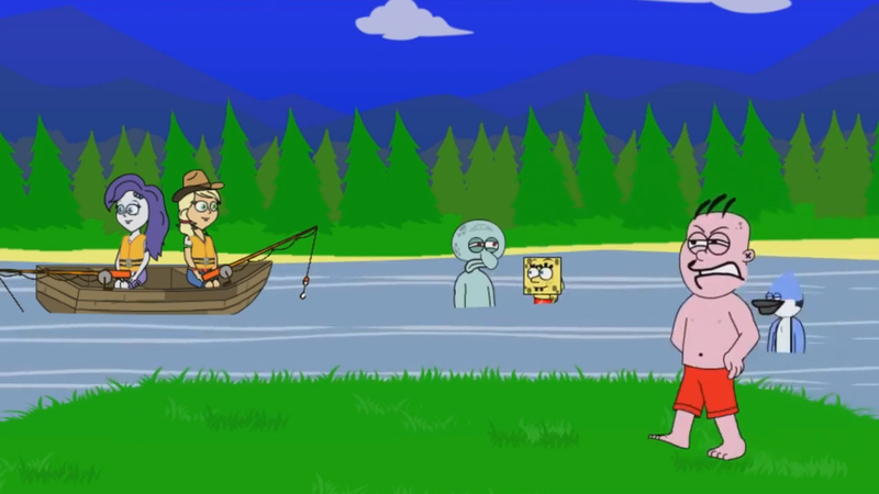 Size: 1280x720 | Tagged: safe, derpibooru import, screencap, applejack, rarity, equestria girls, annoyed, boat, camp everfree outfits, crossover, ed edd n eddy, eddy, eddy misbehaves at camp goville, female, fishing, goanimate, image, lake, lesbian, lifejacket, mordecai, png, rarijack, regular show, shipping, spongebob squarepants, spongebob squarepants (character), squidward tentacles, walking