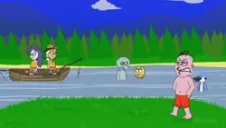 Size: 1280x720 | Tagged: safe, derpibooru import, screencap, applejack, rarity, equestria girls, annoyed, boat, camp everfree outfits, crossover, ed edd n eddy, eddy, eddy misbehaves at camp goville, female, fishing, goanimate, image, lake, lesbian, lifejacket, mordecai, png, rarijack, regular show, shipping, spongebob squarepants, spongebob squarepants (character), squidward tentacles, walking