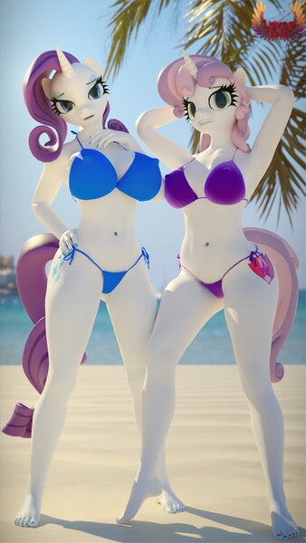 Size: 2304x4096 | Tagged: suggestive, artist:loveslove, derpibooru import, rarity, sweetie belle, unicorn, 3d, barefoot, beach, belly button, big breasts, bikini, bikini bottom, bikini top, blender, blurry background, breasts, busty rarity, busty sweetie belle, clothes, day, feet, female, high res, horn, image, jpeg, looking at you, nipples, not sfm, nudity, older, older sweetie belle, outdoors, sand, siblings, sisters, smiling, smiling at you, swimsuit