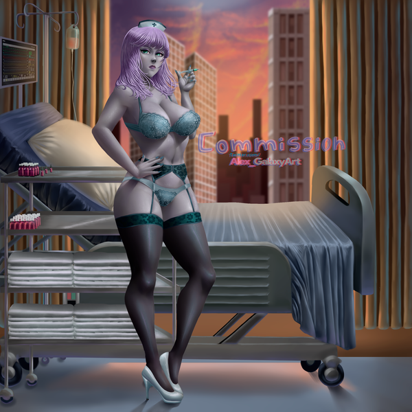 Size: 2500x2500 | Tagged: suggestive, alternate version, artist:alejandraarelycc, derpibooru import, maud pie, equestria girls, bed, bra, breasts, busty maud pie, cart, cleavage, clothes, commission, curtains, female, garter straps, hat, high heels, high res, hospital bed, image, injection, iv drip, nail polish, needle, nurse, nurse hat, png, shoes, side slit, skyline, socks, solo, solo female, stupid sexy maud pie, thigh highs, towels, underwear, vial, watermark, window