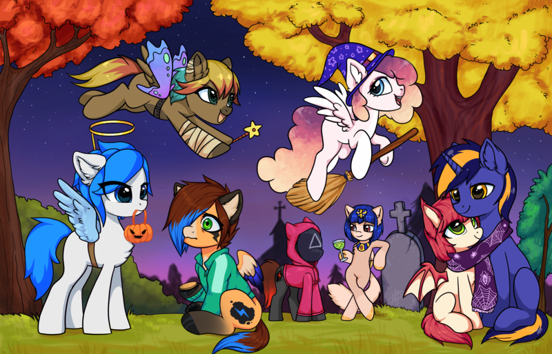 Size: 3415x2188 | Tagged: safe, artist:megabait, derpibooru import, oc, oc:megabait, bat, pony, ankha, grave, group, halloween, holiday, image, night, png, pumpkin, squid game, tree, witch