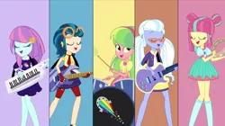 Size: 1280x719 | Tagged: safe, artist:sarahalen, derpibooru import, indigo zap, lemon zest, sour sweet, sugarcoat, sunny flare, equestria girls, alternate universe, drum kit, drums, electric guitar, guitar, image, jpeg, musical instrument, tambourine