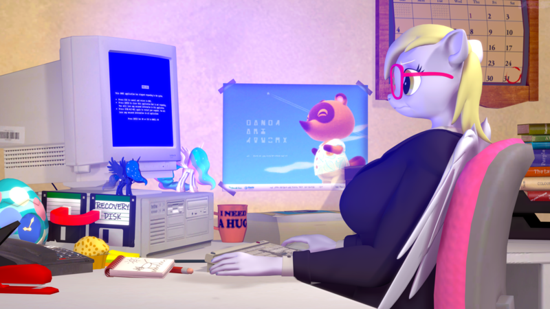 Size: 3840x2160 | Tagged: safe, artist:silkworm205, derpibooru import, derpy hooves, princess celestia, princess luna, anthro, earth pony, 3d, blue screen of death, breasts, businessmare, business suit, busty derpy hooves, clothes, computer, computer chair, computer mouse, computer screen, desk, desktop, female, floppy disk, folded wings, food, glasses, i just don't know what went wrong, image, keyboard, magnet, muffin, png, revamped anthros, solo, solo female, source filmmaker, this will not end well, toy, wings