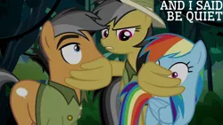 Size: 1280x720 | Tagged: safe, derpibooru import, edit, edited screencap, editor:quoterific, screencap, daring do, quibble pants, rainbow dash, earth pony, pegasus, pony, season 6, stranger than fan fiction, female, image, jpeg, male, mare, stallion, trio, wings