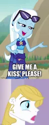 Size: 680x1711 | Tagged: safe, derpibooru import, edit, edited screencap, screencap, prince blueblood, trixie, equestria girls, equestria girls series, forgotten friendship, beach, bedroom eyes, belly button, bikini, bluetrix, bronybait, caption, clothes, equestria girls-ified, female, hand on hip, image, implied kissing, male, midriff, open mouth, png, sarong, shipping, straight, swimsuit, text