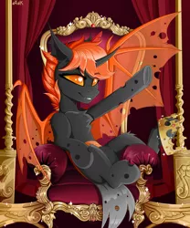 Size: 4000x4800 | Tagged: safe, artist:rainbowfire, derpibooru import, oc, unofficial characters only, alicorn, changeling, pony, :3, armchair, beautiful, chest fluff, crown, detailed, evil grin, fangs, female, fluffy, food, gold, gray, grayscale, grin, image, jewelry, kingdom, kingdom hearts, looking at you, mare, might, monochrome, orange, orange eyes, orange mane, :p, png, present, princess, raised hoof, regalia, relaxing, ruby, sitting, smiling, solo, spread wings, stylus, throne, tongue out, treasure, wings