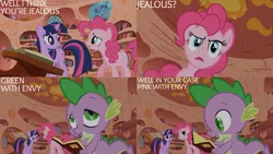 Size: 1280x720 | Tagged: safe, derpibooru import, edit, edited screencap, editor:quoterific, screencap, pinkie pie, spike, twilight sparkle, dragon, earth pony, pony, unicorn, griffon the brush off, season 1, book, female, golden oaks library, image, library, male, mare, open mouth, png, unicorn twilight