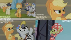 Size: 1280x720 | Tagged: safe, derpibooru import, edit, edited screencap, editor:quoterific, screencap, applejack, granny smith, silver shill, earth pony, pony, leap of faith, season 4, applejack's hat, camera, cowboy hat, female, hat, image, male, mare, open mouth, open smile, png, smiling, stallion