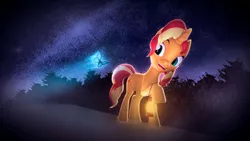 Size: 1280x720 | Tagged: safe, artist:nebby14, derpibooru import, sunset shimmer, butterfly, insect, pony, unicorn, equestria girls, 3d, 4k, 4k resolution, female, forest, glow, grass, happy, high res, image, jpeg, lantern, night, poster, source filmmaker, stars, tree, wallpaper