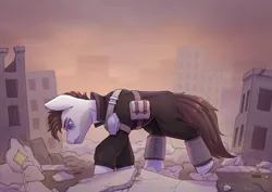 Size: 2048x1448 | Tagged: safe, artist:dandy, derpibooru import, oc, unofficial characters only, earth pony, pony, blue eyes, building, clothes, digital art, earth pony oc, gray coat, image, jpeg, looking down, male, pouch, raffle prize, rubble, ruins, solo, stallion, street sign