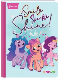 Size: 782x1000 | Tagged: safe, derpibooru import, official, izzy moonbow, pipp petals, sunny starscout, earth pony, pegasus, unicorn, 2d, blue, colombia, g5, happy, horn, image, looking at you, merchandise, norma, one eye closed, png, smiling, symbolic, wings, wink, winking at you, x-presarte