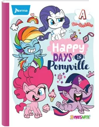 Size: 782x1000 | Tagged: safe, derpibooru import, official, pinkie pie, rainbow dash, rarity, twilight sparkle, twilight sparkle (alicorn), alicorn, earth pony, pegasus, unicorn, my little pony: pony life, 2d, colombia, copybook, cupcake, food, happy, heart, ice cream, image, laughing, looking at you, merchandise, norma, one eye closed, png, rainbow, smiling, thinking, unsure, wink, winking at you