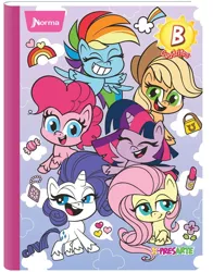 Size: 782x1000 | Tagged: safe, derpibooru import, official, applejack, fluttershy, pinkie pie, rainbow dash, rarity, twilight sparkle, twilight sparkle (alicorn), alicorn, earth pony, pegasus, my little pony: pony life, 2d, candy, cloud, colombia, confident, copybook, design, flower, flying, food, happy, heart, image, merchandise, norma, png, rainbow, shy, smiling, x-presarte