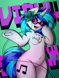 Size: 3122x4096 | Tagged: safe, alternate version, artist:canvymamamoo, derpibooru import, vinyl scratch, semi-anthro, unicorn, abstract background, belly button, breasts, chest fluff, clothes, ear fluff, eyebrows, eyebrows visible through hair, female, frog (hoof), headphones, image, jpeg, looking at you, open mouth, see-through, smiling, solo, starry eyes, sunglasses, underhoof, wide hips, wingding eyes
