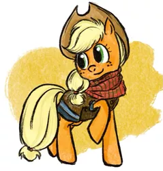 Size: 841x879 | Tagged: safe, artist:laya-21, derpibooru import, applejack, earth pony, pony, applejack's hat, clothes, cowboy hat, female, freckles, full body, green eyes, hat, hooves, image, jpeg, mare, raised hoof, simple background, smiling, solo, standing, tail