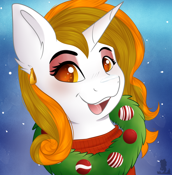 Size: 1880x1912 | Tagged: safe, artist:monsoonvisionz, derpibooru import, oc, oc:aurora shinespark, unofficial characters only, pony, unicorn, christmas, clothes, ear piercing, earring, eyeshadow, female, holiday, image, jewelry, looking at you, makeup, mare, no source available, ornament, piercing, png, simple background, sweater, watermark, wreath