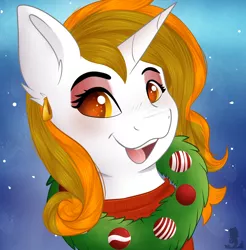 Size: 1880x1912 | Tagged: safe, artist:monsoonvisionz, derpibooru import, oc, oc:aurora shinespark, unofficial characters only, pony, unicorn, christmas, clothes, ear piercing, earring, eyeshadow, female, holiday, image, jewelry, looking at you, makeup, mare, no source available, ornament, piercing, png, simple background, sweater, watermark, wreath