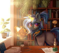 Size: 2900x2600 | Tagged: safe, artist:avrameow, derpibooru import, oc, unofficial characters only, unicorn, book, bookshelf, clothes, desk, ear piercing, earring, eyebrows, eyebrows visible through hair, eyeshadow, freckles, glasses, glow, glowing horn, horn, image, jewelry, lamp, looking at you, magic, makeup, neck ring, no source available, office, pen, piercing, plant pot, png, ponytail, potted plant, robe, shading, sunlight, telekinesis, window