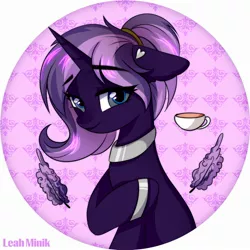 Size: 2000x2000 | Tagged: safe, artist:leah minik, derpibooru import, oc, oc:tenebris flux, unofficial characters only, pony, unicorn, cup, ear piercing, earring, eyebrows, eyebrows visible through hair, female, floppy ears, freckles, image, jewelry, jpeg, looking at you, magic, mare, neck ring, piercing, ponytail, simple background, teacup, telekinesis