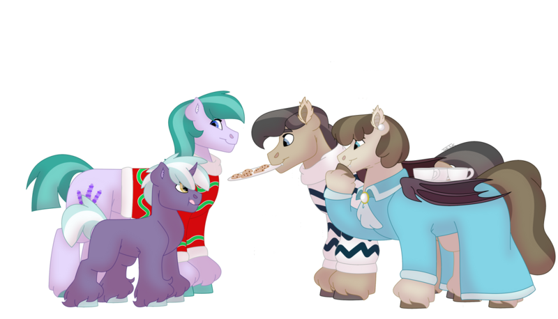 Size: 1280x732 | Tagged: safe, artist:itstechtock, derpibooru import, oc, oc:gilded leaf, oc:lavender joy, oc:waxing lyrical, unofficial characters only, bat pony, pony, unicorn, colt, cookie, female, foal, food, image, male, mare, png, stallion