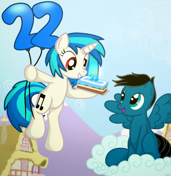 Size: 7528x7740 | Tagged: safe, artist:agkandphotomaker2000, derpibooru import, vinyl scratch, oc, oc:pony video maker, pegasus, pony, unicorn, balloon, balloon shaped numbers, birthday, birthday cake, blurry background, cake, candle, canon x oc, cloud, complex background, female, food, holding on, houses, image, looking up, male, mountain, png, ponyville, red eyes, shipping, show accurate, sitting, spread wings, straight, videoscratch, wings