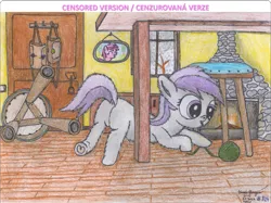 Size: 1997x1497 | Tagged: safe, artist:vovi, derpibooru import, titania, earth pony, pony, behaving like a cat, butt, dock, female, filly, fireplace, foal, happy, image, playing, plot, png, raised tail, snow, snowfall, solo, tail, yarn, yarn ball