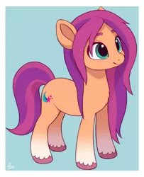 Size: 810x1000 | Tagged: safe, artist:luminousdazzle, derpibooru import, sunny starscout, earth pony, my little pony: a new generation, female, g5, image, looking up, loose hair, png, simple background, smiling, solo, solo female, unkempt mane, unshorn fetlocks