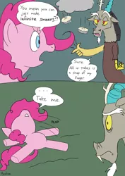 Size: 1333x1882 | Tagged: suggestive, artist:hyakuen, derpibooru import, discord, pinkie pie, draconequus, earth pony, pony, the return of harmony, ..., comic, discopie, female, food, image, lying down, male, pie, png, prone, propositioning, shipping, shocked, shocked expression, straight