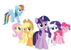 Size: 2500x1781 | Tagged: safe, artist:rainbowderp98, derpibooru import, applejack, fluttershy, pinkie pie, rainbow dash, rarity, twilight sparkle, earth pony, pegasus, pony, unicorn, ^^, applejack's hat, blue eyes, cowboy hat, eyes closed, female, flying, folded wings, green eyes, grin, hat, high res, hooves, horn, image, mane six, mare, multicolored mane, open mouth, open smile, pink mane, png, purple eyes, simple background, smiling, spread wings, standing, teal eyes, transparent background, unicorn twilight, vector, wings