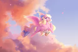 Size: 3000x2000 | Tagged: safe, artist:sparkling_light, derpibooru import, oc, oc:bay breeze, unofficial characters only, pegasus, pony, basket, bow, cloud, colored wings, cute, female, flower, flying, gradient wings, hair bow, image, looking at you, mare, outdoors, pegasus oc, petals, png, pretty, sky, solo, spread wings, tail, tail bow, wings