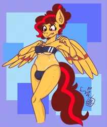 Size: 1691x2005 | Tagged: suggestive, artist:erynerikard, derpibooru import, oc, oc:sunshine sketch, unofficial characters only, anthro, pegasus, belly button, blushing, breasts, clothes, crotch bulge, digital art, facial hair, female, futa, goatee, gris swimsuit, heterochromia, image, intersex, png, slightly chubby, solo, swimsuit, thighs, trans female, transgender