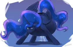 Size: 2788x1821 | Tagged: suggestive, artist:nsfwbonbon, derpibooru import, princess luna, alicorn, pony, amniotic fluid, belly, big belly, breath, emanata, ethereal mane, female, huge belly, image, imminent birth, labor, mare, one eye closed, png, pregluna, pregnant, solo, solo female, starry mane, starry tail, sweat, sweatdrops, tail, water breaking