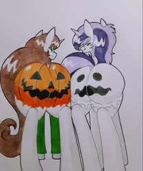 Size: 1282x1536 | Tagged: suggestive, artist:paper view of butts, derpibooru import, oc, oc:futa axle, oc:paper butt, ghost, pony, undead, unicorn, butt, butts, clothes, colored, commission, dock, female, glasses, halloween, holiday, horn, image, ink, ink drawing, jack-o-lantern, jacket, jpeg, male, mare, paint, plot, pumpkin, stallion, tail, thicc ass, thick, traditional art
