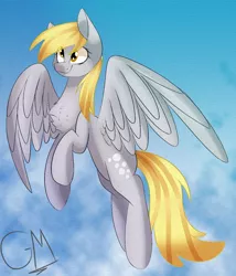 Size: 1024x1198 | Tagged: safe, artist:greenmarta, artist:nightmaregolddraw, derpibooru import, derpy hooves, pegasus, pony, chest fluff, collaboration, female, flying, image, png, sky, solo, spread wings, wings