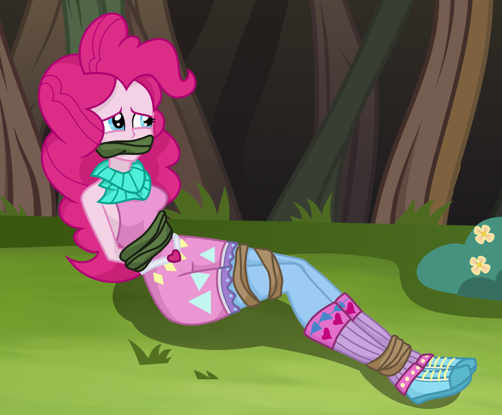 Size: 2000x1656 | Tagged: safe, artist:splendidbondage, derpibooru import, pinkie pie, equestria girls, ankle tied, bondage, bound and gagged, femsub, gag, image, pinkiesub, png, solo, submissive, vine