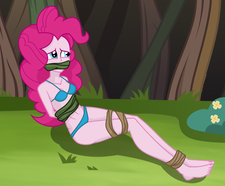 Size: 2000x1656 | Tagged: suggestive, artist:splendidbondage, derpibooru import, pinkie pie, equestria girls, ankle tied, bondage, bound and gagged, bra, clothes, female, femsub, gag, image, panties, pinkiesub, png, rope, rope bondage, solo, solo female, submissive, underwear, vine