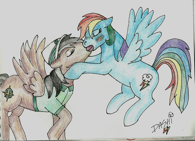 Size: 2264x1638 | Tagged: safe, artist:ebonypegasus, derpibooru import, daring do, rainbow dash, pegasus, pony, daringdash, duo, eyes closed, female, image, jpeg, kissing, lesbian, shipping, spread wings, traditional art, wings