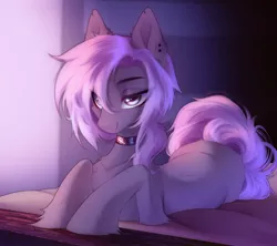 Size: 2542x2259 | Tagged: safe, artist:tomness, derpibooru import, oc, unofficial characters only, earth pony, pony, bed, collar, ear piercing, earth pony oc, eye clipping through hair, gradient mane, gradient tail, gray coat, image, jpeg, lidded eyes, looking at something, lying down, on bed, piercing, side, smiling, solo, tail, unshorn fetlocks