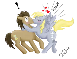 Size: 1024x778 | Tagged: safe, artist:ebonypegasus, derpibooru import, derpy hooves, doctor whooves, time turner, blushing, doctorderpy, duo, exclamation point, eyes closed, female, heart, image, kissing, male, onomatopoeia, png, pomf, shipping, simple background, spread wings, straight, surprised, transparent background, wingboner, wings