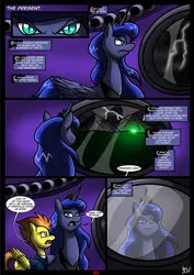 Size: 1280x1808 | Tagged: semi-grimdark, artist:darklamprey, derpibooru import, princess luna, spitfire, alicorn, pegasus, comic:equestria's war of the worlds, airship, comic, crossover, dialogue, furrowed brow, green eyes, image, implied nightmare moon, jpeg, lightning, luna is not amused, mountain, mountain range, narration, serious, serious face, slit pupils, the war of the worlds, unamused, window, word balloon, zeppelin