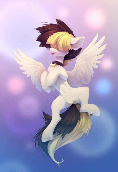 Size: 2813x4096 | Tagged: safe, alternate version, artist:n_thing, artist:tomness, derpibooru import, songbird serenade, pegasus, pony, my little pony: the movie, abstract background, belly button, collaboration, collar, cute, featureless crotch, female, floppy ears, flying, hair over eyes, hock fluff, hooves to the chest, image, jpeg, mare, missing accessory, solo, songbetes, spread legs, spread wings, spreading, tail, tongue out, two toned mane, two toned tail, wings