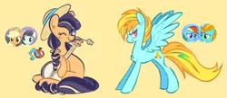 Size: 1280x560 | Tagged: safe, artist:bumblesnail-art, derpibooru import, applejack, coloratura, lightning dust, rainbow dash, earth pony, pegasus, pony, female, fusion, image, lesbian, png, rainbowdust, rarajack, shipping