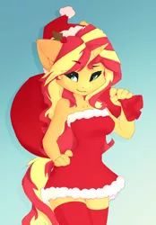 Size: 1640x2360 | Tagged: safe, artist:shooshaa, derpibooru import, sunset shimmer, anthro, unicorn, bag, christmas, christmas outfit, clothes, dress, female, gradient background, hand on hip, hat, holiday, image, png, sack, santa hat, santa sack, socks, solo, stockings, thigh highs, zettai ryouiki