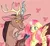 Size: 926x857 | Tagged: safe, artist:cellzidk, derpibooru import, discord, fluttershy, butterfly, insect, antlers, blushing, duo, female, image, jpeg, looking at each other, looking at someone, male, signature, spanish description