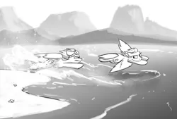 Size: 4000x2700 | Tagged: safe, artist:captainhoers, derpibooru import, lightning dust, spitfire, pegasus, pony, duo, female, flying, goggles, grayscale, gritted teeth, image, looking at each other, looking at someone, mare, monochrome, png, racing, spread wings, water, wings, wrong cutie mark