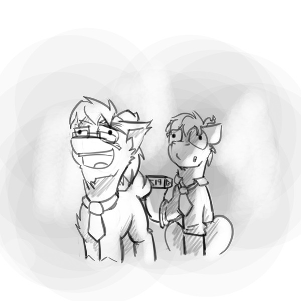 Size: 4000x4000 | Tagged: safe, artist:captainhoers, derpibooru import, oc, oc:tim, unofficial characters only, earth pony, goat, pony, duo, grayscale, image, jpeg, male, monochrome, necktie, open mouth, pizza box, ponysona, stallion
