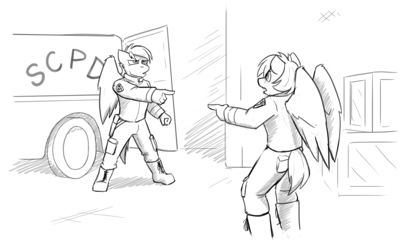 Size: 5000x3000 | Tagged: safe, artist:captainhoers, derpibooru import, oc, unofficial characters only, anthro, pegasus, plantigrade anthro, 60s spider-man, duo, grayscale, image, meme, monochrome, png, pointing, ponified meme